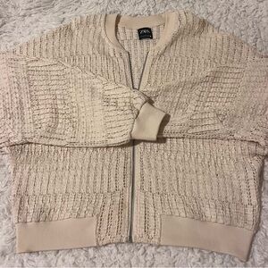 Zara Cream Textured Knit Bomber Jacket